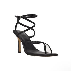 MARC FISHER Womens Black Dallin Square Toe Stiletto Leather Heeled Sandal Size 5